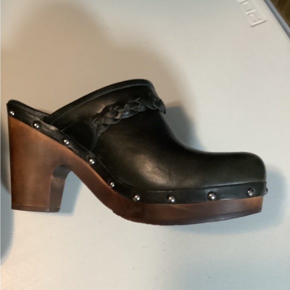 UGG Black Leather Mule Clogs with Wooden Heel - Picture 3 of 12